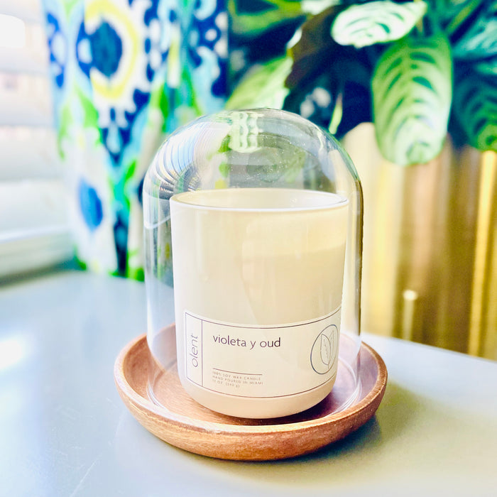 glass candle cloche with acacia wood base