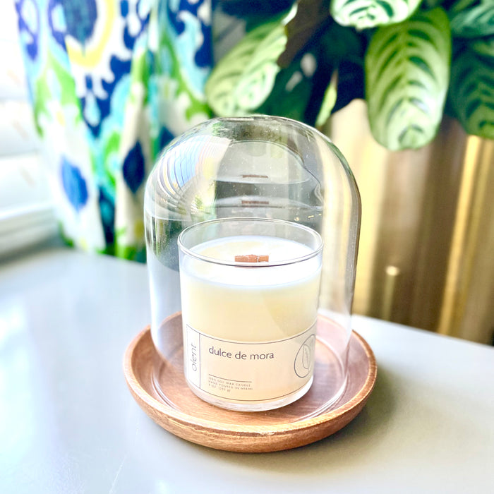 glass candle cloche with acacia wood base