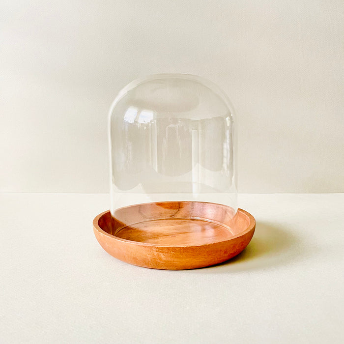 glass candle cloche with acacia wood base