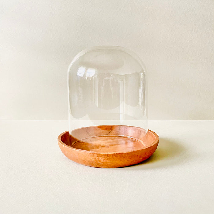 glass candle cloche with acacia wood tray